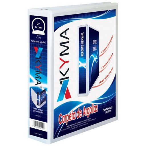 [KYM-CAR-200BCOF] Carpeta panorámica KYMA oficio blanca herraje en " O" de 2 pulgadas