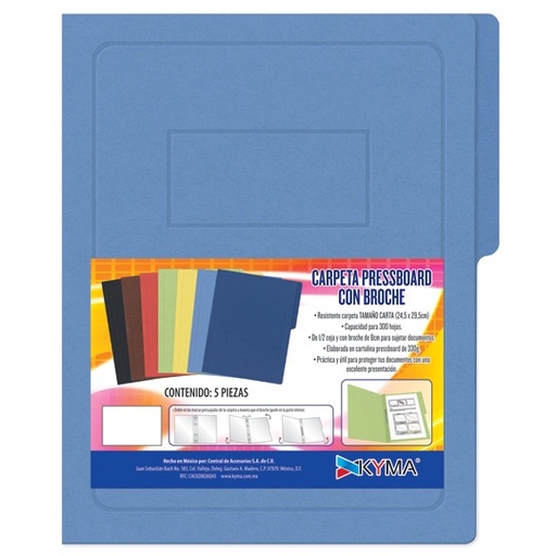 [KYM-FOL-PTCAZC] Carpeta pressboard KYMA con broche de 8cm carta color azul con 5 piezas 