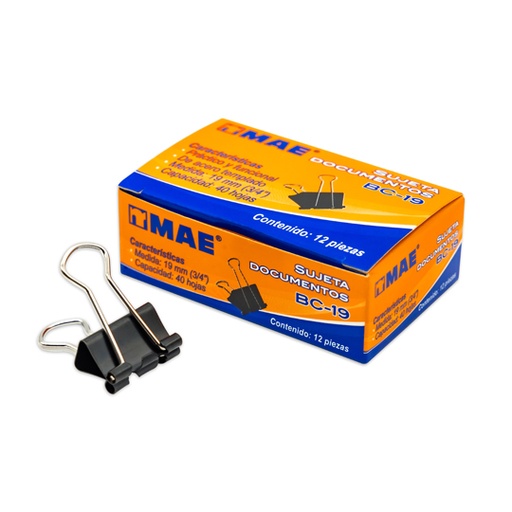 [MAE-SUJ-BC19] Sujetadocumentos Mae De 19 Mm 12 Piezas, Capacidad 40 Hojas
