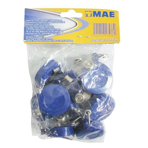 [MAE-YOY-10A] Portagafetes Tipo Yoyo Mae Azul Bolsa Con 10 Piezas