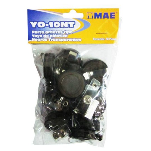 [MAE-YOY-10NT] Portagafetes Tipo Yoyo Mae Negro Transparente, Bolsa Con 10 Piezas
