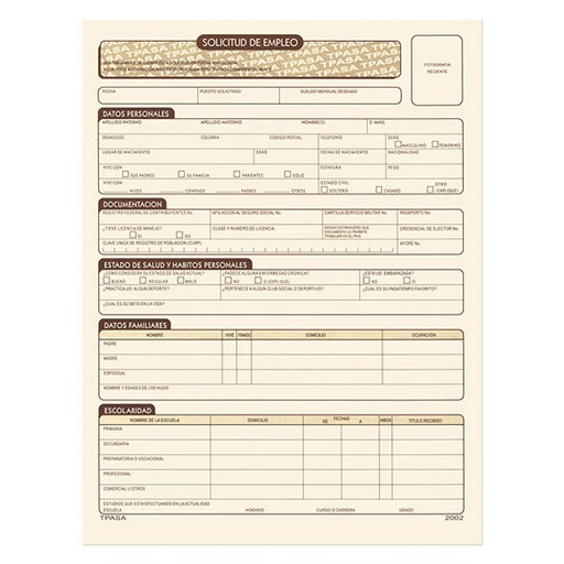 [PIN-POL-EMPLEOB] Solicitud De Empleo Pinos Altos Blíster Con 5 Blocks De 25 Hojas C/U