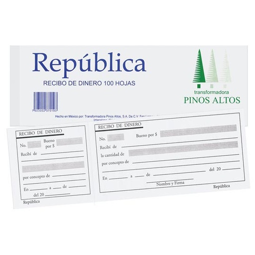 [PIN-POL-RDINERO] Recibo De Dinero Pinos Altos Block Con 1