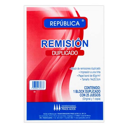 [PIN-REM-12DUPLI] Remisión Duplicado Pinos Altos Esquela, 25 Juegos