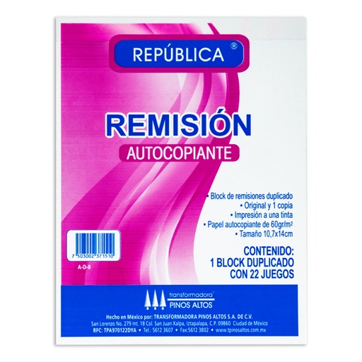[PIN-REM-18AUTO] Remisión Autocopiante Pinos Altos De 1/8