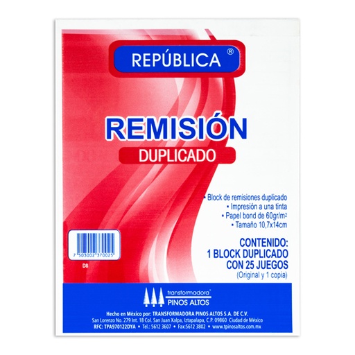 [PIN-REM-18DUPLI] Remisión Duplicado Pinos Altos De 1/8, 25 Juegos