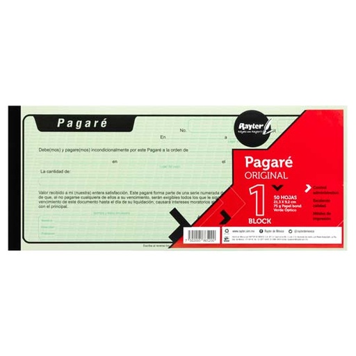 [RAY-POL-08PA] Pagare Rayter, 1/3 De Carta, Papel Verde