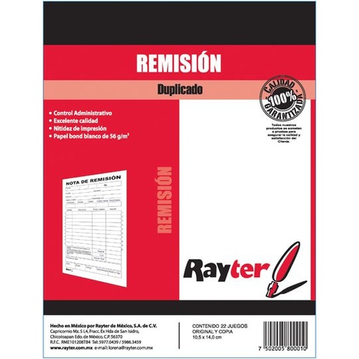[RAY-POL-08REMCH] Remisión Rayter  1/4 Duplicado Blíster C