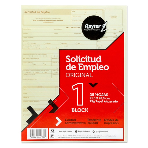 [RAY-POL-08SOEM] Solicitud De Empleo Rayter, Tamaño Carta