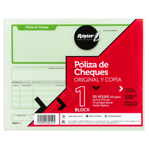 [RAY-POL-POCHTO] Póliza De Cheque Rayter, Media Oficio, V