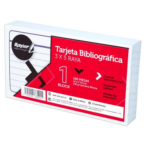 [RAY-TARJ-3X5RAY] Tarjeta Bibliográfica Rayter, 3X5, Rayad