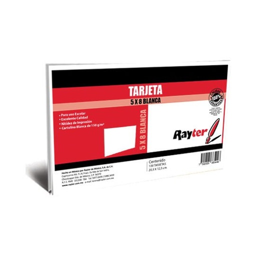 [RAY-TARJ-5X8BCA] Tarjeta De Trabajo Rayter,  20.3 X 12.3 Cm  Blanca Con 100 Piezas