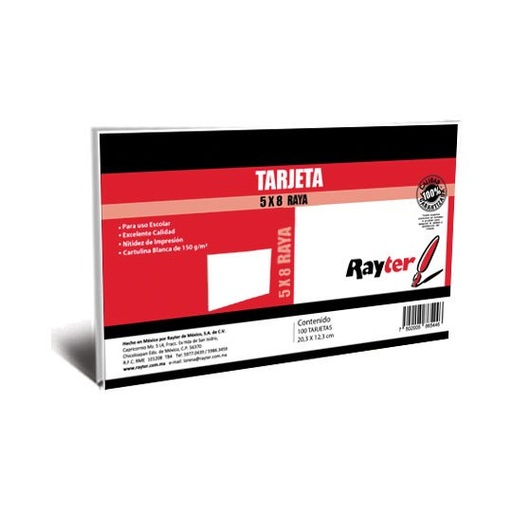 [RAY-TARJ-5X8RAY] Tarjeta De Trabajo Rayter, 20.3 X 12.3 Cm, Rayada, Con 100 Piezas